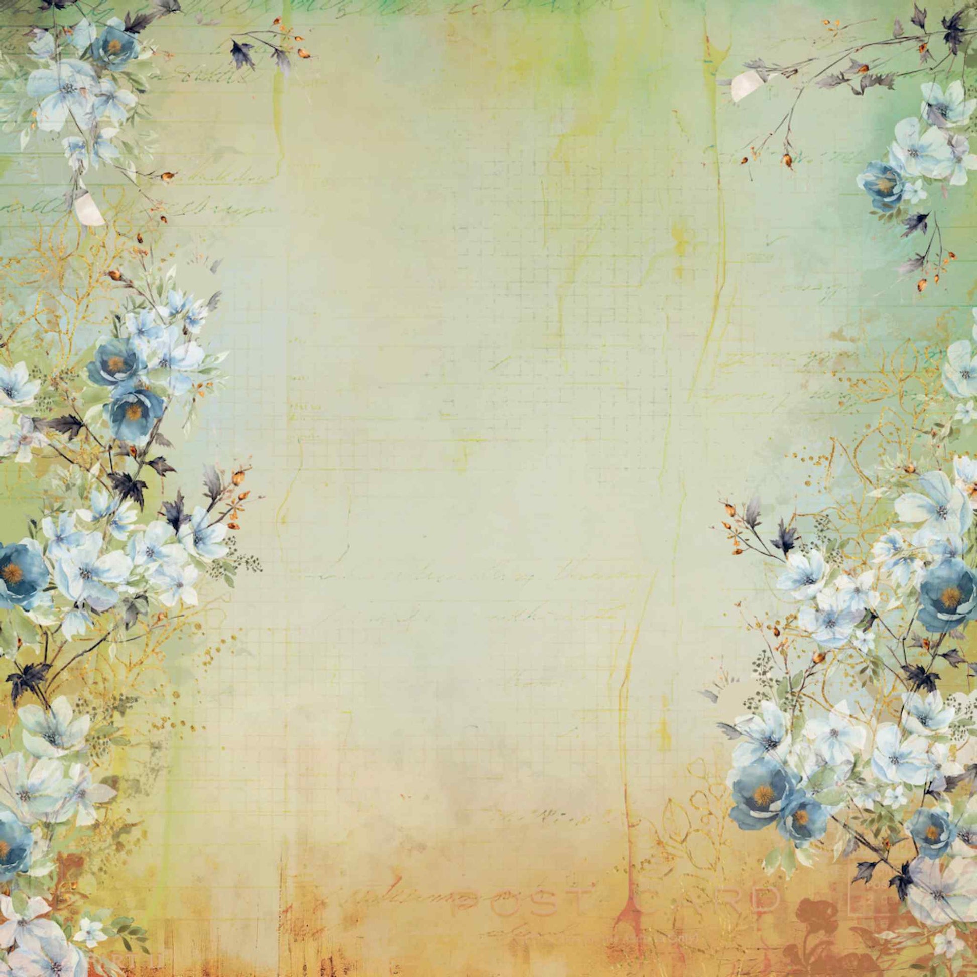 Uniquely Creative Delighted Curiosities Pressed Botanicals 12x12 paper front side, featuring cascading blue peonies and white blossoms on a warm distressed painterly background with faint script