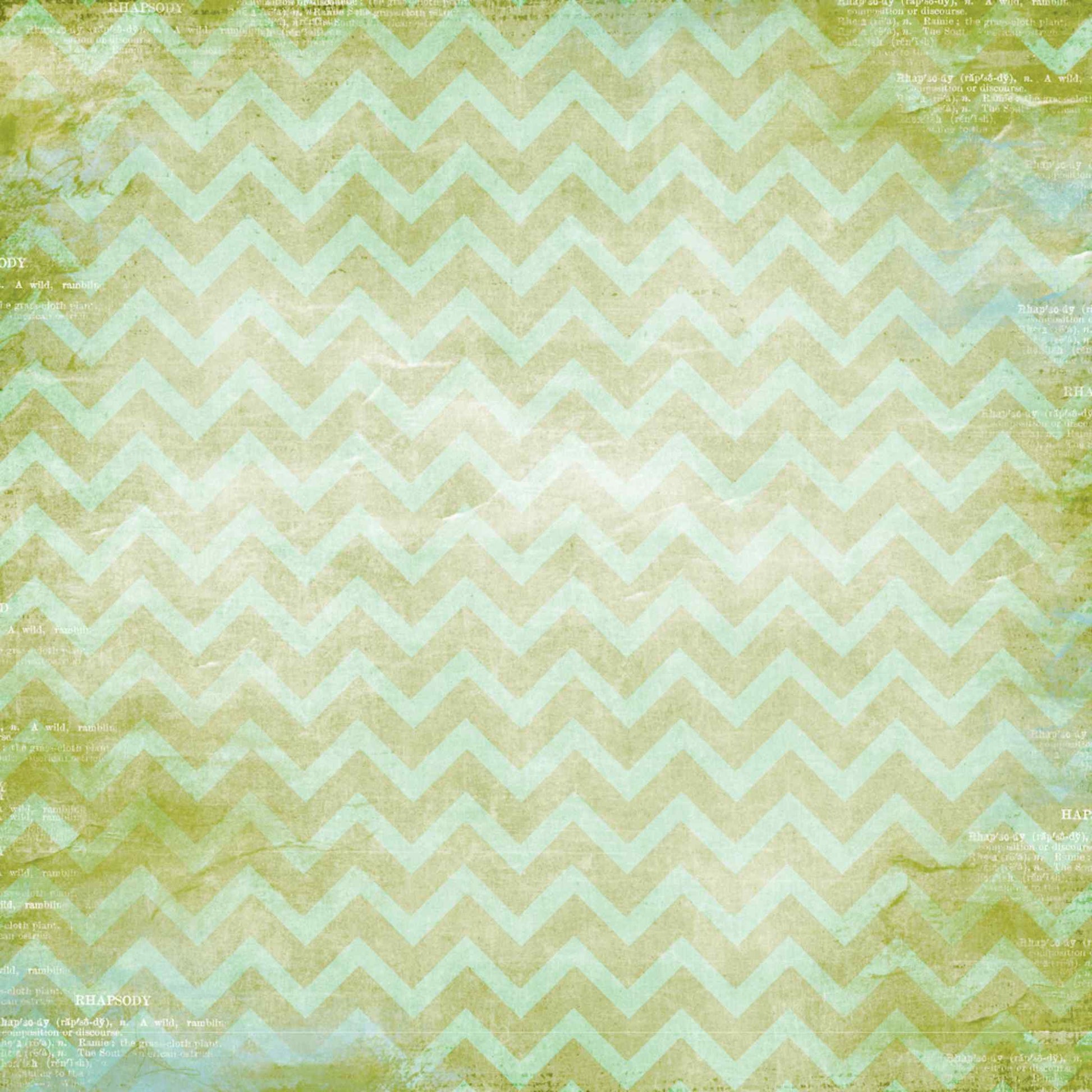 Uniquely Creative Delighted Curiosities Pressed Botanicals 12x12 paper reverse side, featuring a sage and cream distressed chevron pattern over a vintage text background