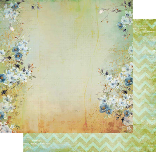 Uniquely Creative Delighted Curiosities Pressed Botanicals 12x12 paper shown front and reverse, featuring blue and white floral border design and distressed sage chevron reverse