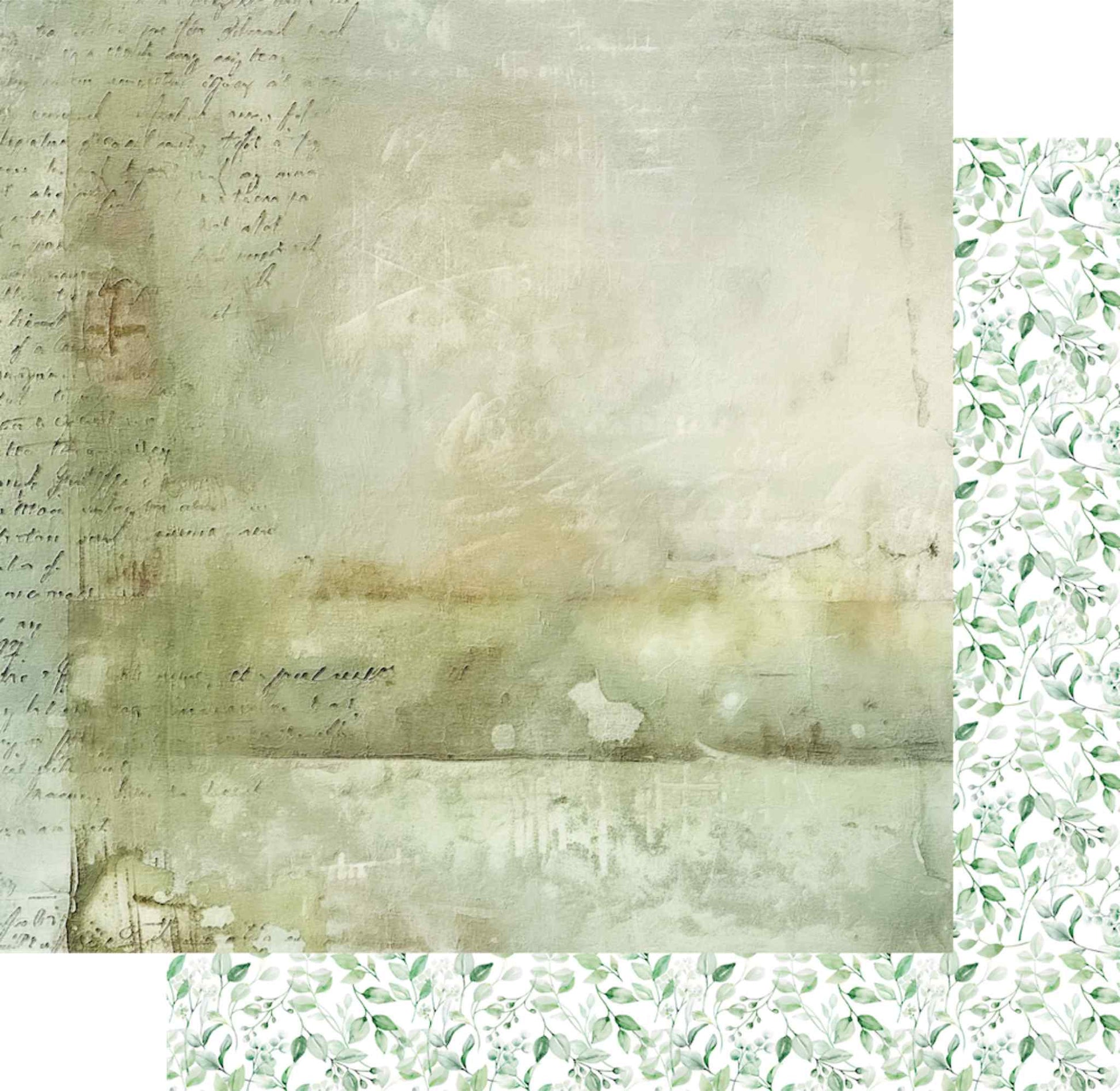 Uniquely Creative Delighted Curiosities The Botanist's Journal 12x12 paper shown front and reverse, featuring a distressed script wash background and watercolour leaf and berry pattern reverse