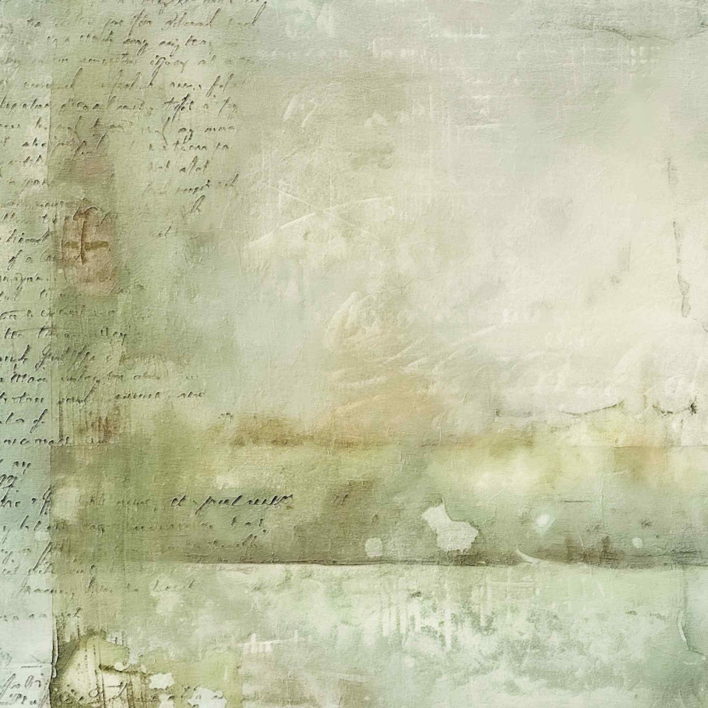 Uniquely Creative Delighted Curiosities The Botanist's Journal 12x12 paper front side, featuring a heavily distressed sage and cream abstract wash with faint cursive script and aged texture details