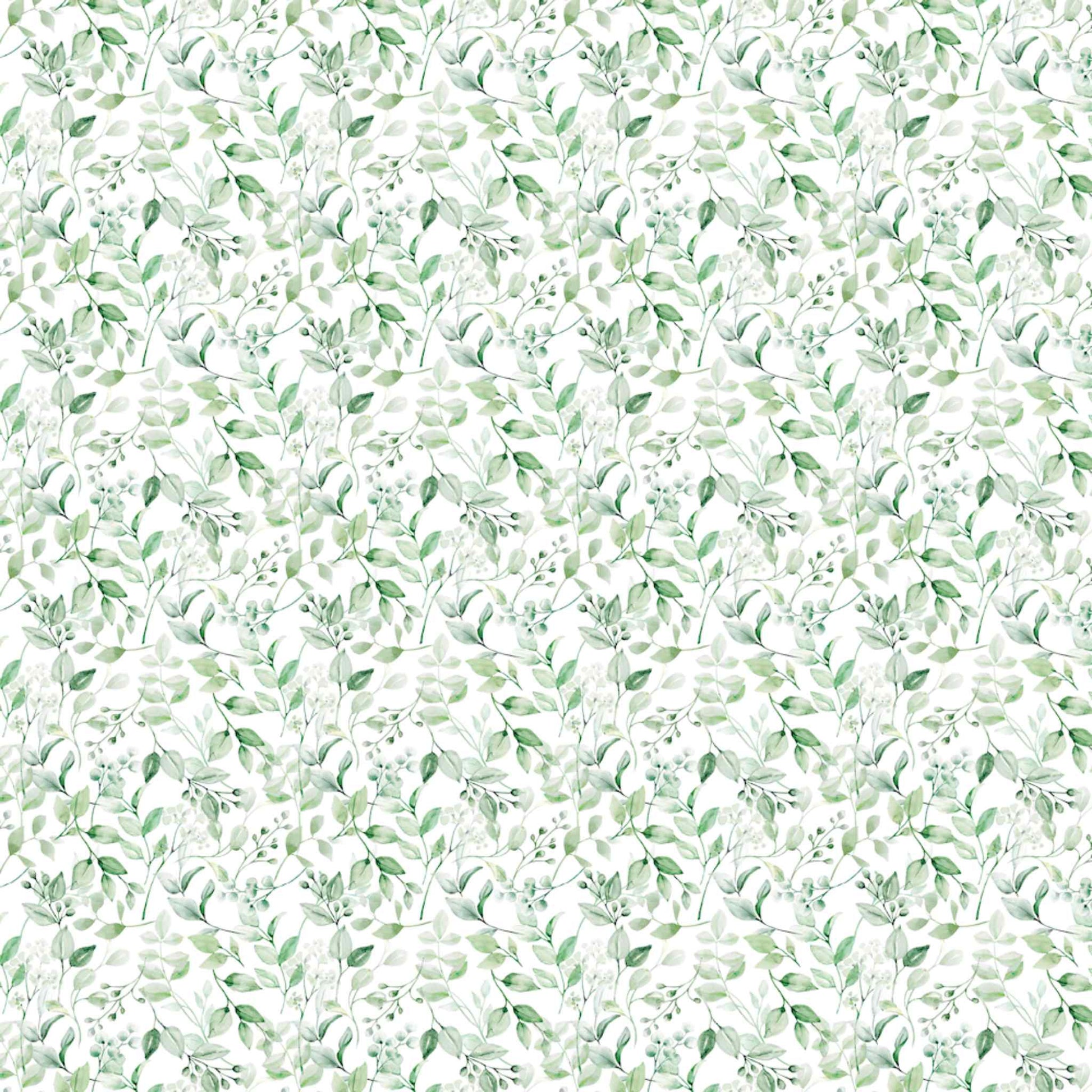 Uniquely Creative Delighted Curiosities The Botanist's Journal 12x12 paper reverse side, featuring an all-over watercolour leaf and berry pattern in soft sage green on a white ground