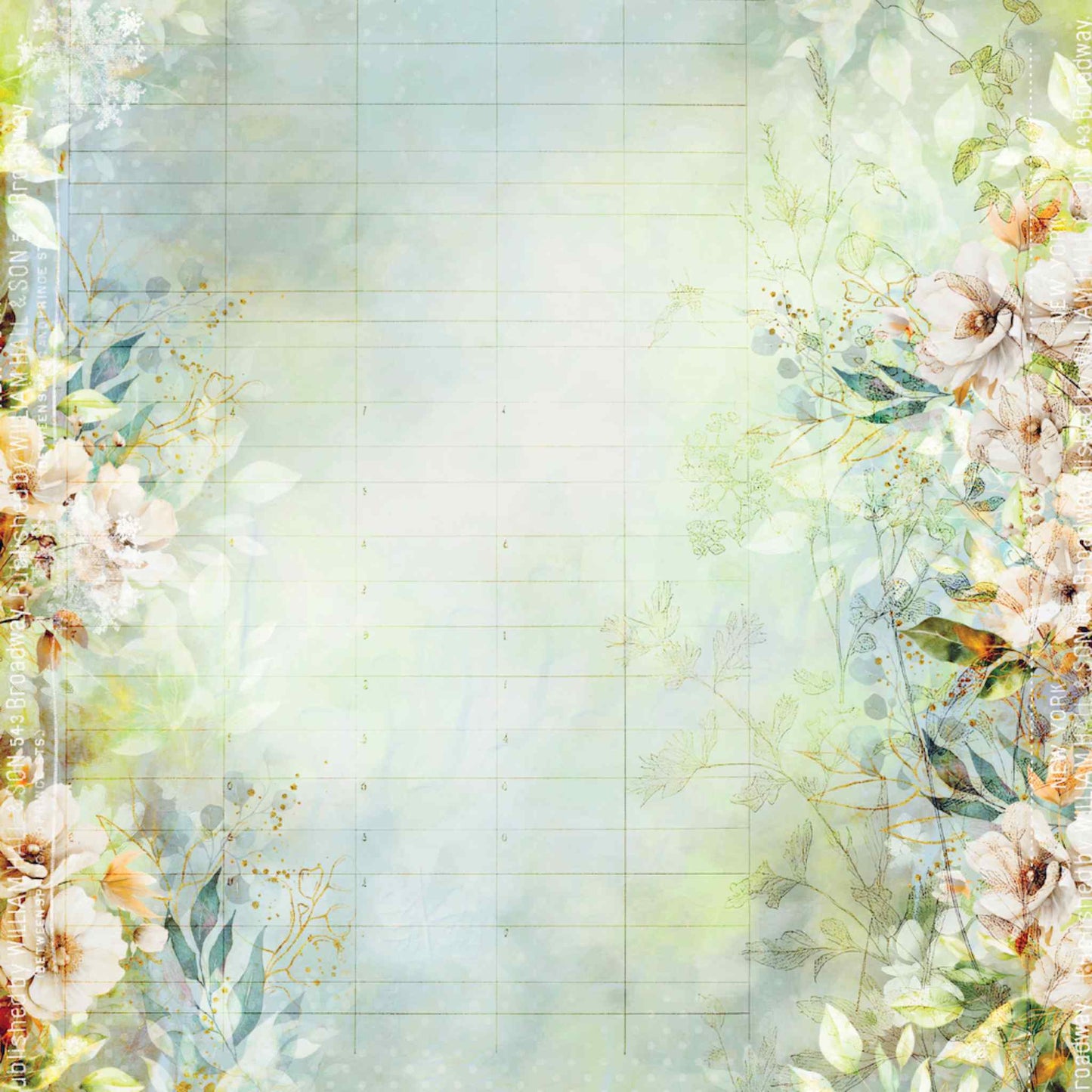 Uniquely Creative Delighted Curiosities The Collector's Ledger 12x12 paper front side, featuring cream and peach florals with gold accents on a soft blue-green ledger grid background