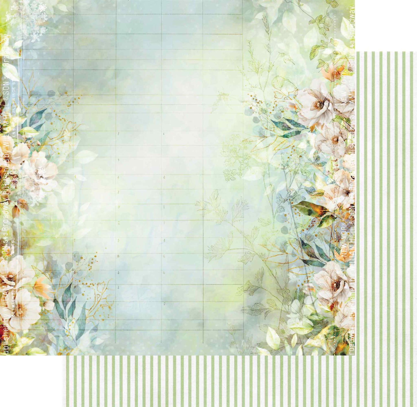 Uniquely Creative Delighted Curiosities The Collector's Ledger 12x12 paper shown front and reverse, featuring soft floral border design and sage green stripe reverse