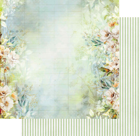 Uniquely Creative Delighted Curiosities The Collector's Ledger 12x12 paper shown front and reverse, featuring soft floral border design and sage green stripe reverse