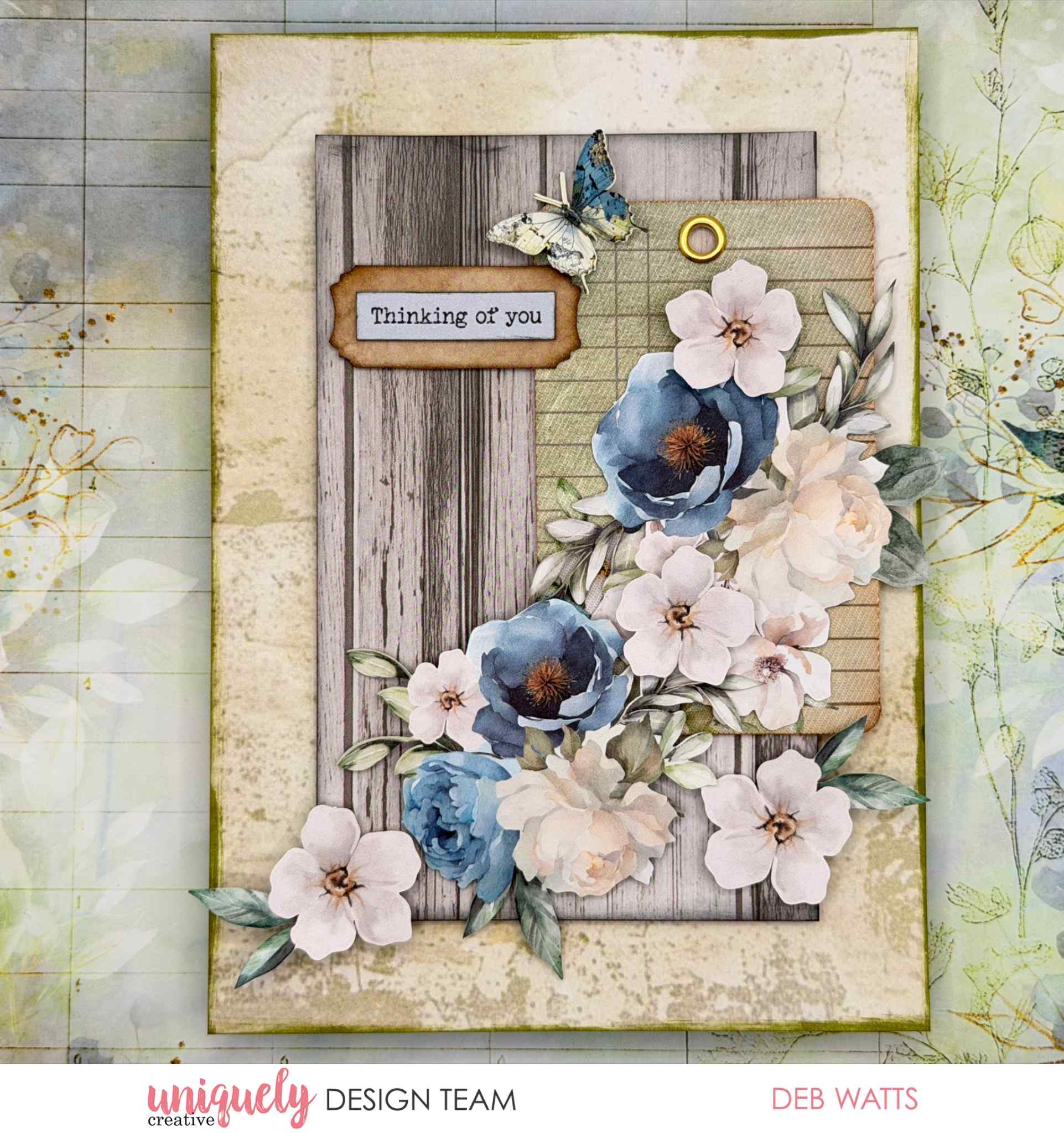 Handmade "Thinking of You" card featuring die-cut blue peonies and blush florals cascading over a wood-grain panel, made with Uniquely Creative Delighted Curiosities papers