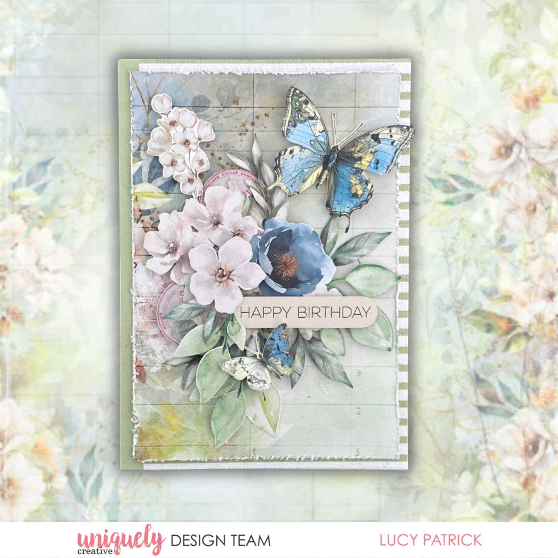 Handmade Happy Birthday card featuring die-cut blush florals, blue peony, and butterfly embellishments layered over striped patterned paper, made with Uniquely Creative Delighted Curiosities