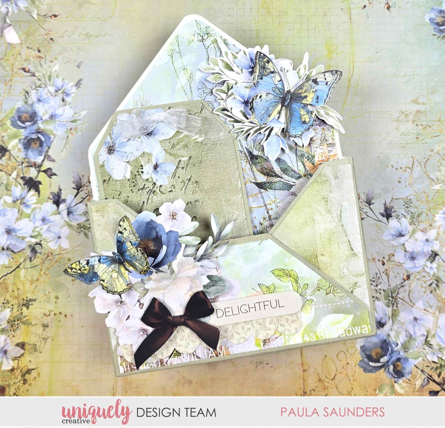 Handmade envelope card titled "Delightful" featuring blue and yellow butterfly die-cuts, white and blue floral embellishments, and a dark ribbon bow, made with Uniquely Creative Delighted Curiosities