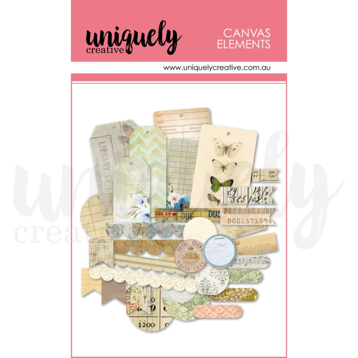 Uniquely Creative Vintage Canvas Elements pack showing pre-cut fabric embellishments including library tags, pocket cards, butterfly tag, scalloped border strips, chalk discs, banner flags, and ledger pieces in sage, cream, and natural tones