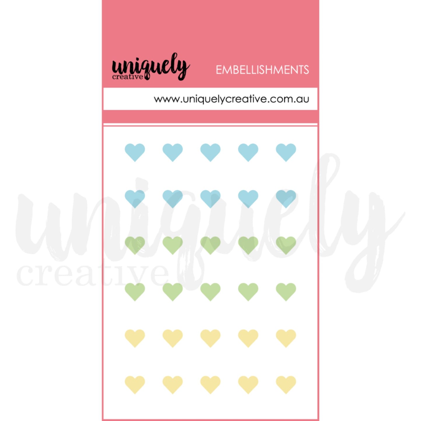 Uniquely Creative Dew Drop Heart Stickers Luminous showing 30 small pearlescent shimmer heart stickers in pastel blue, green, and yellow arranged on pink backing card