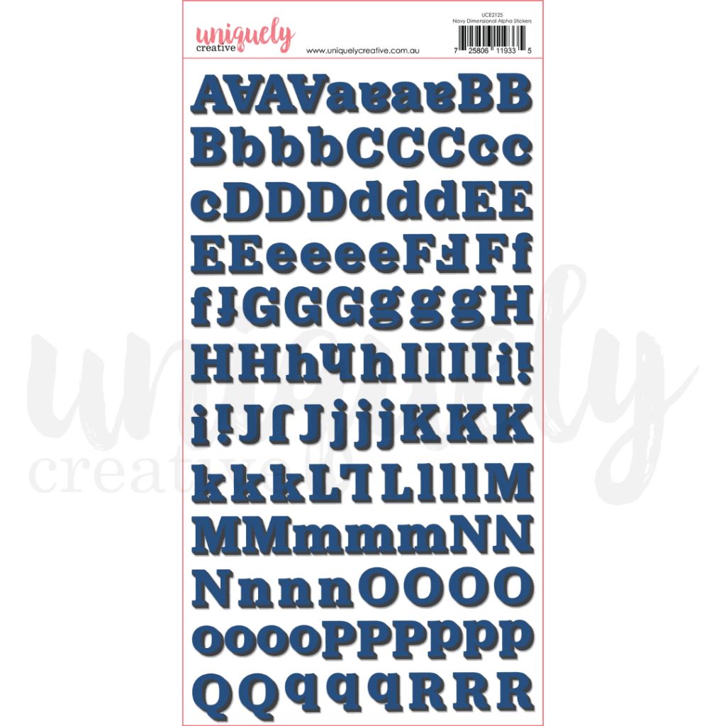 Uniquely Creative Navy Dimensional Alpha Stickers — mixed case A–Z letters in two font styles, approx. 1" uppercase, for scrapbooking and card making