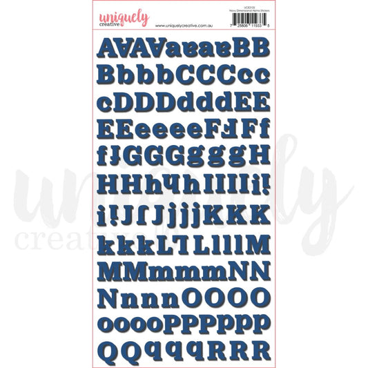 Uniquely Creative Navy Dimensional Alpha Stickers — mixed case A–Z letters in two font styles, approx. 1" uppercase, for scrapbooking and card making