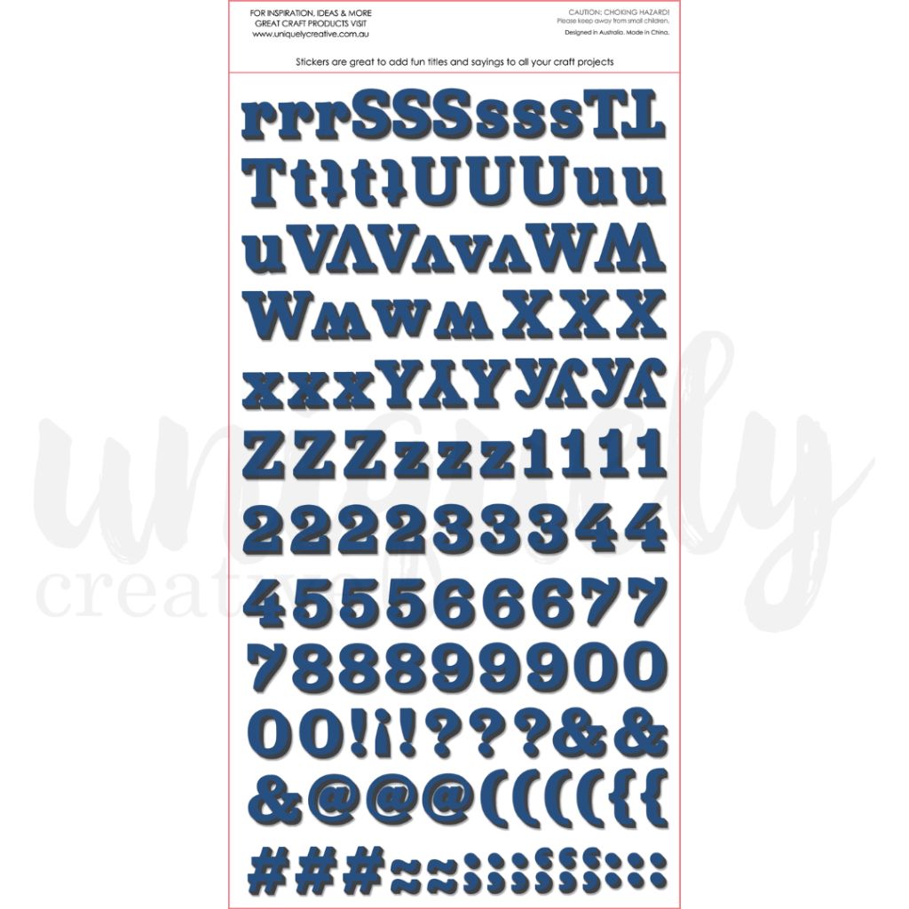 Uniquely Creative Navy Dimensional Alpha Stickers reverse sheet showing numbers, punctuation and additional letters for scrapbooking and card making