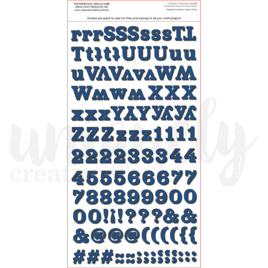Uniquely Creative Navy Dimensional Alpha Stickers reverse sheet showing numbers, punctuation and additional letters for scrapbooking and card making