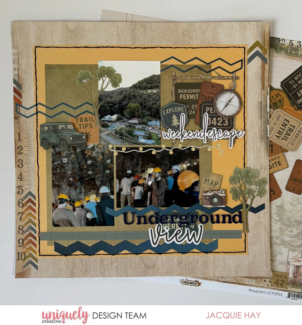 Uniquely Creative Navy Dimensional Alpha Stickers spelling "Underground View" on a travel scrapbook layout by Uniquely Creative designer Jacquie Hay