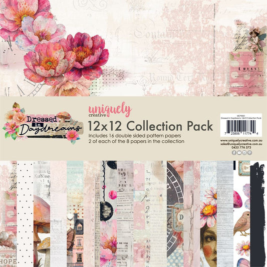  Dressed in Daydreams 12x12 paper collection pack by Uniquely Creative showing all 8 double-sided designs with watercolour florals, vintage portraits, mushrooms, fairies and French ephemera