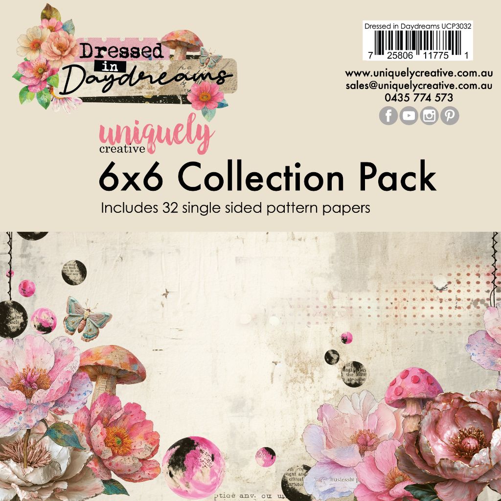 Uniquely Creative Dressed in Daydreams 6x6 paper collection pack cover showing watercolour florals, vintage fairies, mushrooms, butterflies and ephemera on 32 single-sided patterned papers
