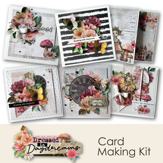 Uniquely Creative Dressed in Daydreams card making kit showing six completed handmade cards featuring watercolour florals, vintage clocks, fairies, mushrooms and whimsical embellishments