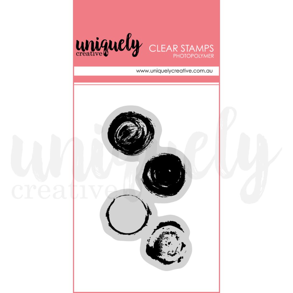 Uniquely Creative Circular Vibes photopolymer clear stamp featuring four bold circle designs with solid fill, outline, swirled texture and distressed effects for mixed media backgrounds