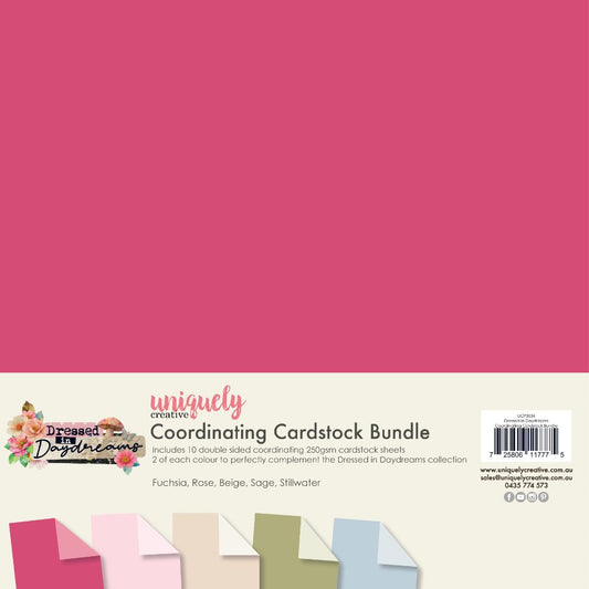 Uniquely Creative Dressed in Daydreams coordinating cardstock bundle showing 10 double-sided 12x12 textured sheets in Sage, Beige, Rose, Fuchsia and Stillwater colours