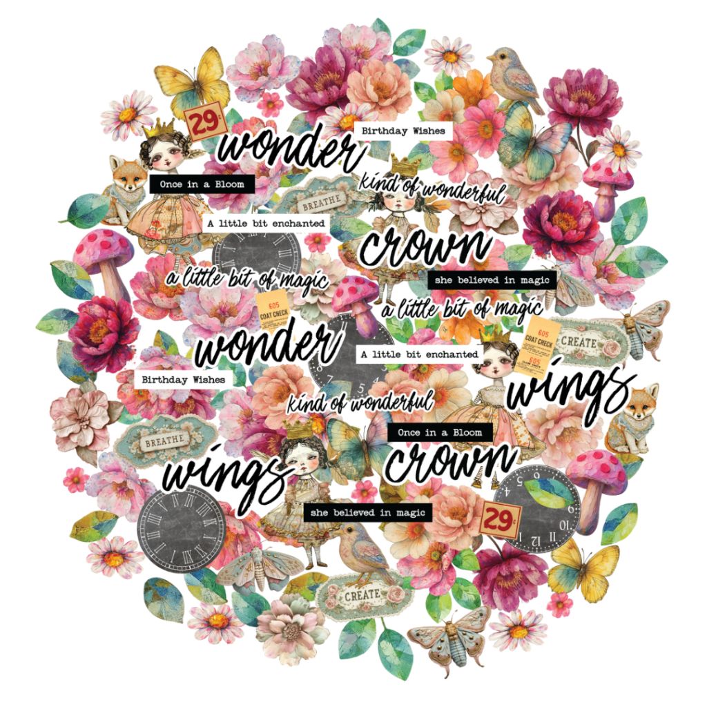 Uniquely Creative Dressed in Daydreams Creative Cuts showing pre-cut embellishments including watercolour florals, vintage fairies, butterflies, mushrooms, clocks and sentiments on 300gsm cardstock