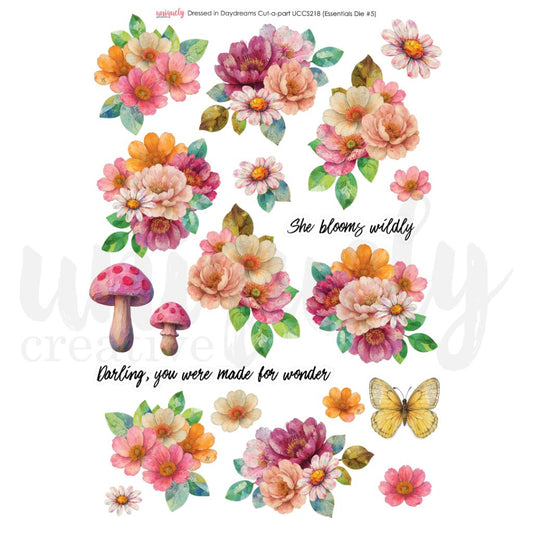 Uniquely Creative Dressed in Daydreams cut-a-part sheet featuring watercolour florals in pink and coral, whimsical mushrooms, yellow butterfly, botanical leaves and sentiments on A4 cardstock