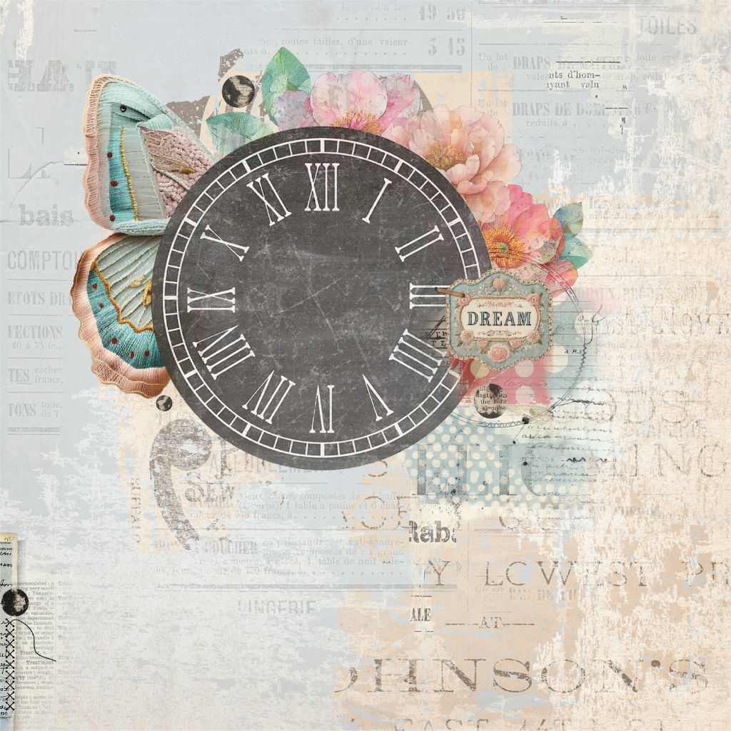 Uniquely Creative Dressed in Daydreams Daydream Hour paper front featuring antique Roman numeral clock, watercolour florals in pink and coral, teal butterflies and vintage ephemera on distressed cream background