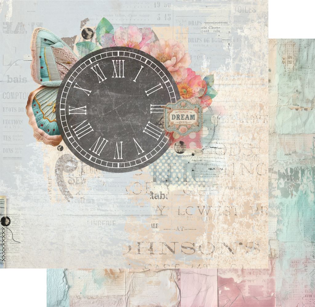 Uniquely Creative Dressed in Daydreams Daydream Hour 12x12 double-sided paper showing vintage clock face with watercolour florals, butterflies and Dream tag, with distressed pink painted texture reverse