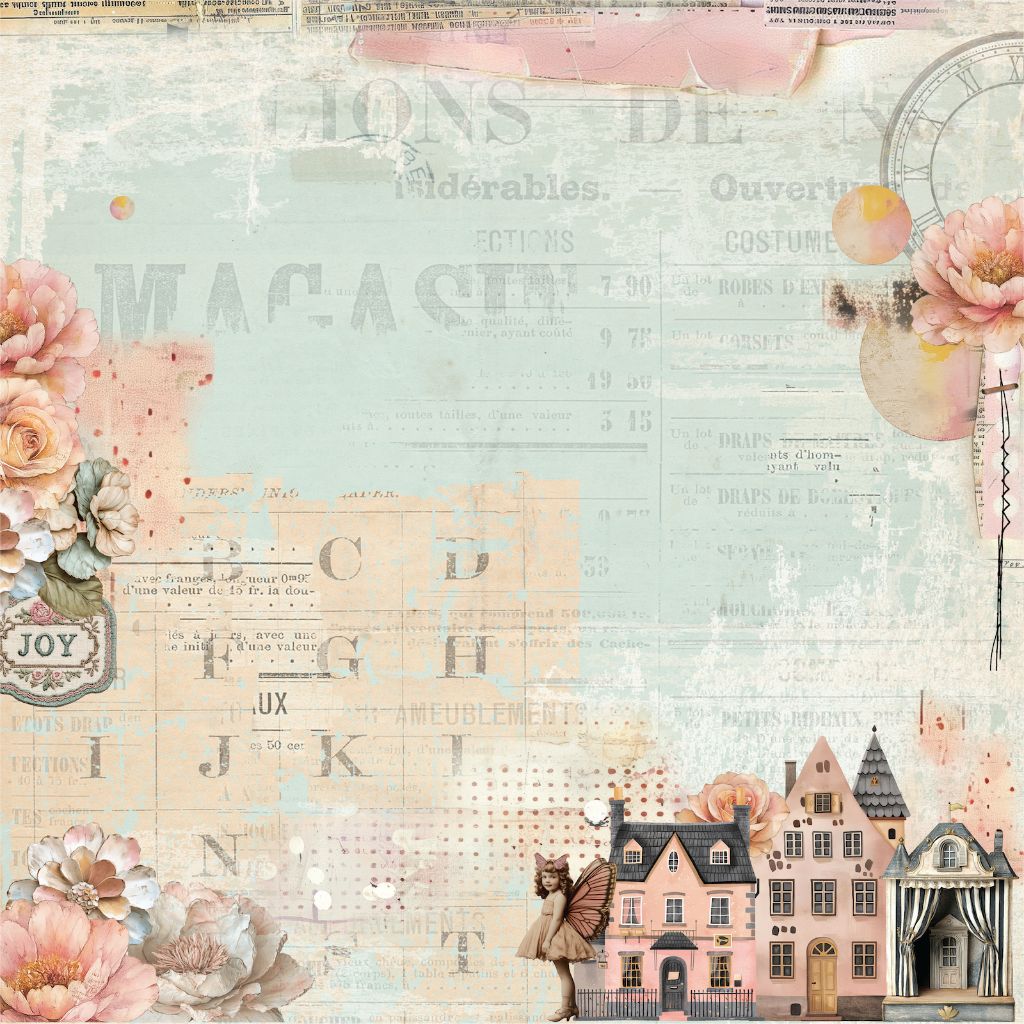 Uniquely Creative Dressed in Daydreams Dream Street paper front featuring charming pink Victorian houses with theatrical awning, fairy with striped stockings, watercolour florals and vintage ephemera