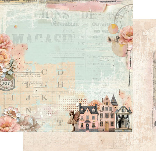 Uniquely Creative Dressed in Daydreams Dream Street 12x12 double-sided paper showing vintage pink houses with whimsical fairy, watercolour florals and Joy tag, with soft pink vintage text reverse
