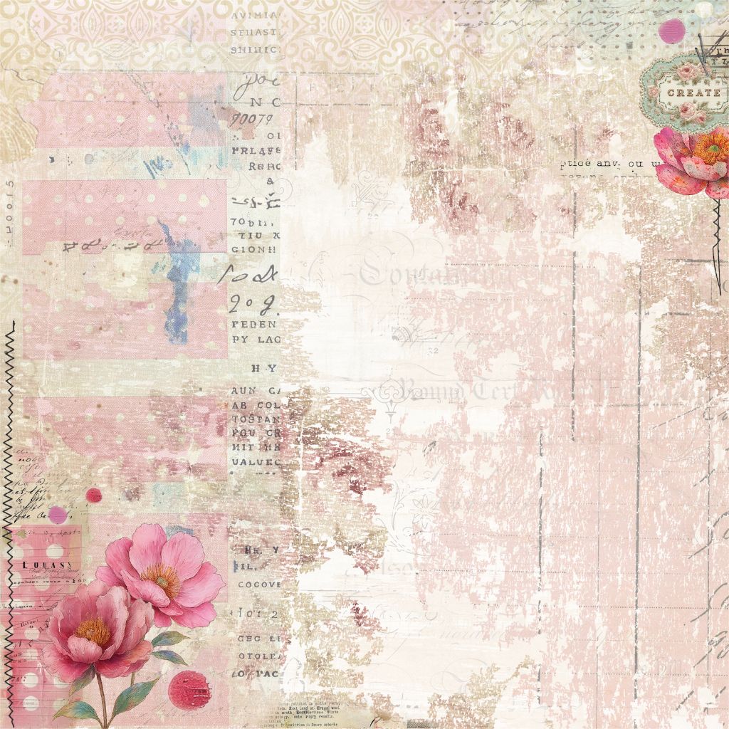 Uniquely Creative Dressed in Daydreams Kind of Lovely paper front featuring watercolour pink peonies, Create sentiment tag, vintage French text, postage stamps and distressed paint textures