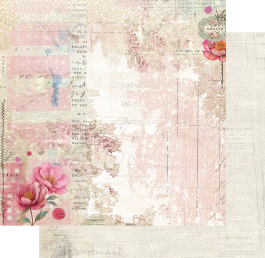 Uniquely Creative Dressed in Daydreams Kind of Lovely 12x12 double-sided paper showing watercolour pink peonies with vintage ephemera and Create tag, with cream newsprint reverse