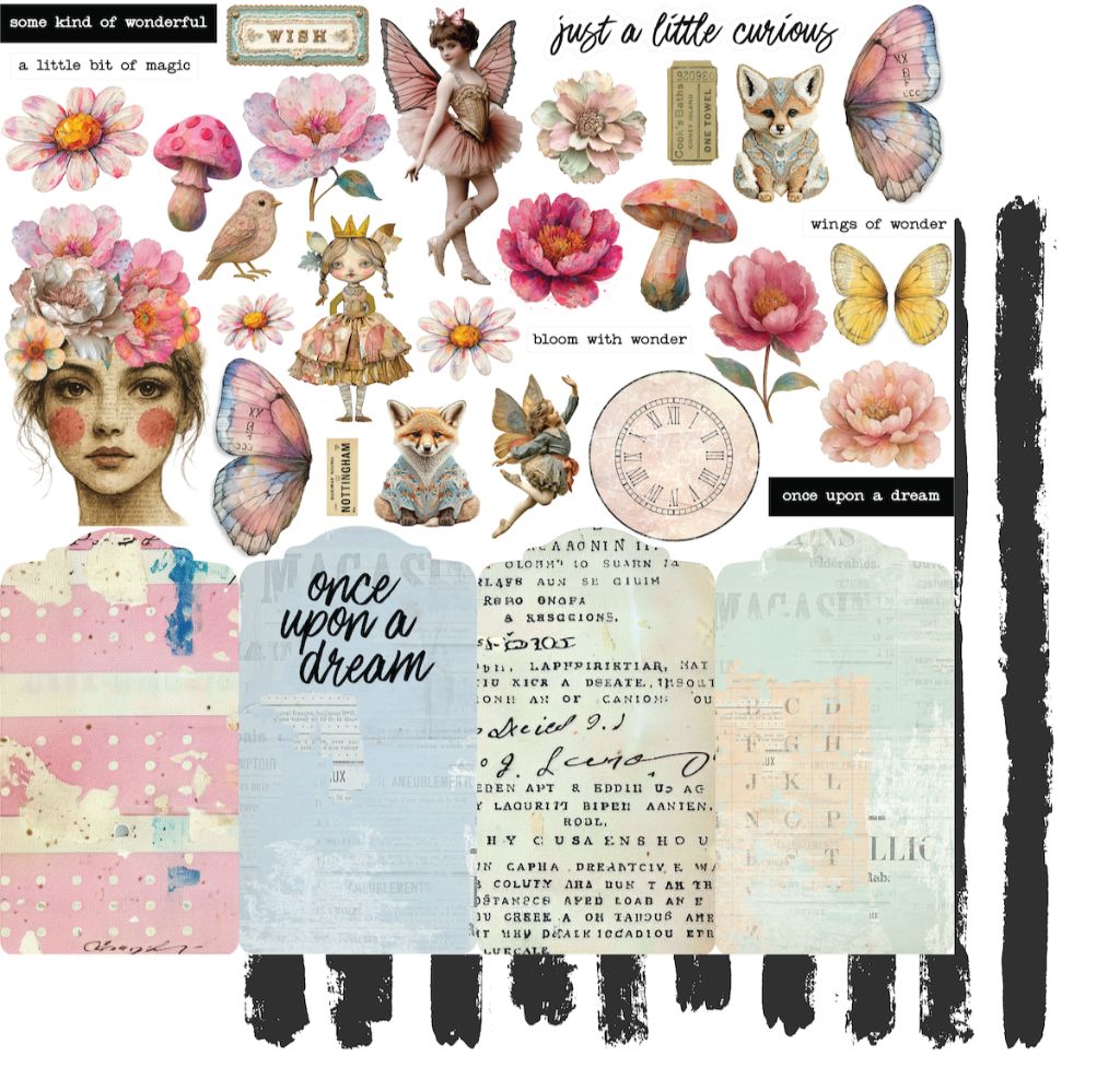 Uniquely Creative Dressed in Daydreams Little Curiosities 12x12 double-sided paper showing whimsical fairies, foxes, watercolour florals, butterflies and sentiments, with charcoal painted stripes reverse