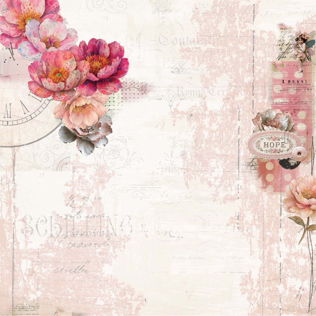Uniquely Creative Dressed in Daydreams Notes of Grace paper front featuring watercolour pink and peach peonies, Hope sentiment tag, vintage French text, postage stamps and distressed wood plank textures