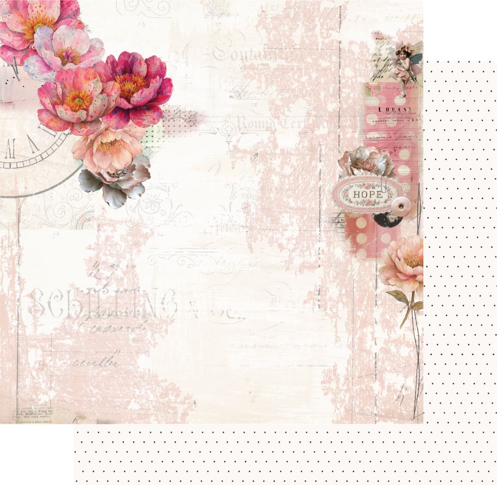 Uniquely Creative Dressed in Daydreams Notes of Grace 12x12 double-sided paper showing watercolour pink peonies with vintage ephemera and Hope tag, with cream polka dots reverse