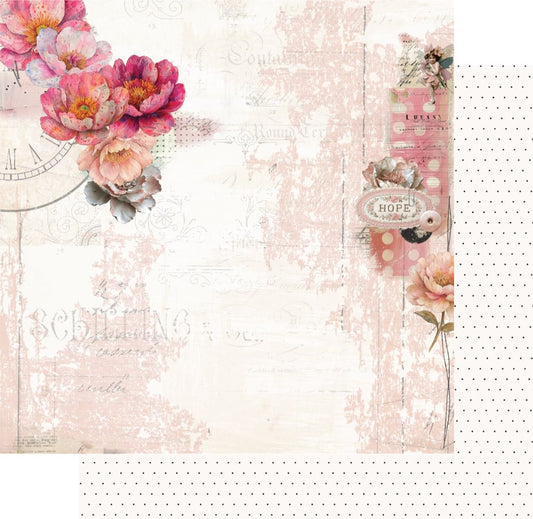 Uniquely Creative Dressed in Daydreams Notes of Grace 12x12 double-sided paper showing watercolour pink peonies with vintage ephemera and Hope tag, with cream polka dots reverse
