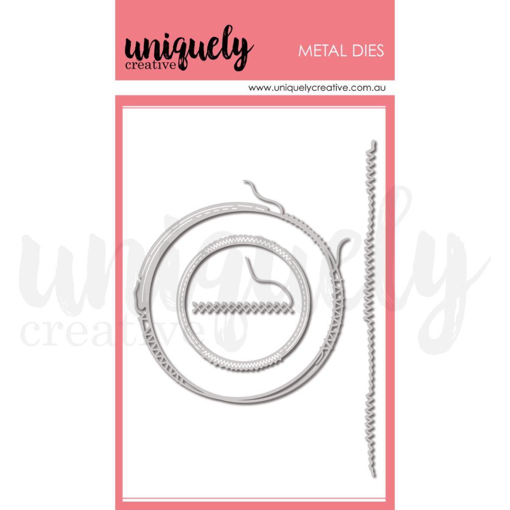 Sewn & Stitched metal cutting die set with decorative stitch circles and border strips by Uniquely Creative for scrapbooking and card making