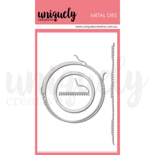 Sewn & Stitched metal cutting die set with decorative stitch circles and border strips by Uniquely Creative for scrapbooking and card making