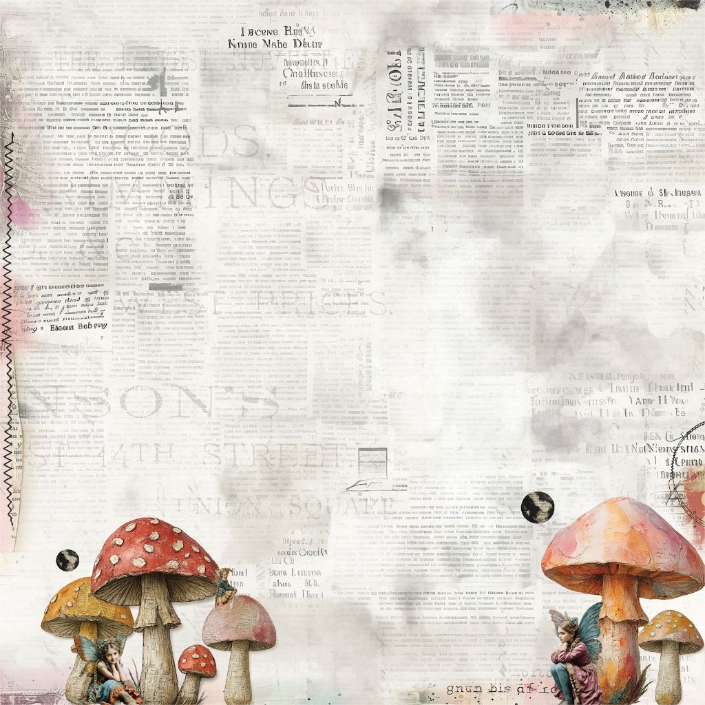 Front view of The Story Beneath paper showing whimsical watercolour toadstools and fairy illustrations on vintage text background