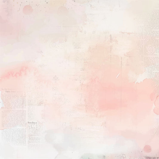 Reverse side of The Story Beneath 12x12 paper with soft pink washes, vintage newspaper print and fairy tale themed design