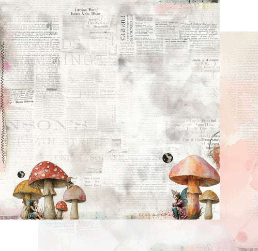 The Story Beneath 12x12 double-sided scrapbook paper featuring watercolour mushrooms, fairies and vintage newspaper text from Uniquely Creative Dressed in Daydreams collection