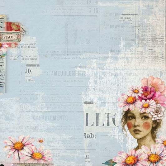 Front view of Wild Daisy paper showing woman portrait with watercolour pink daisies, vintage French ephemera and soft blue washes