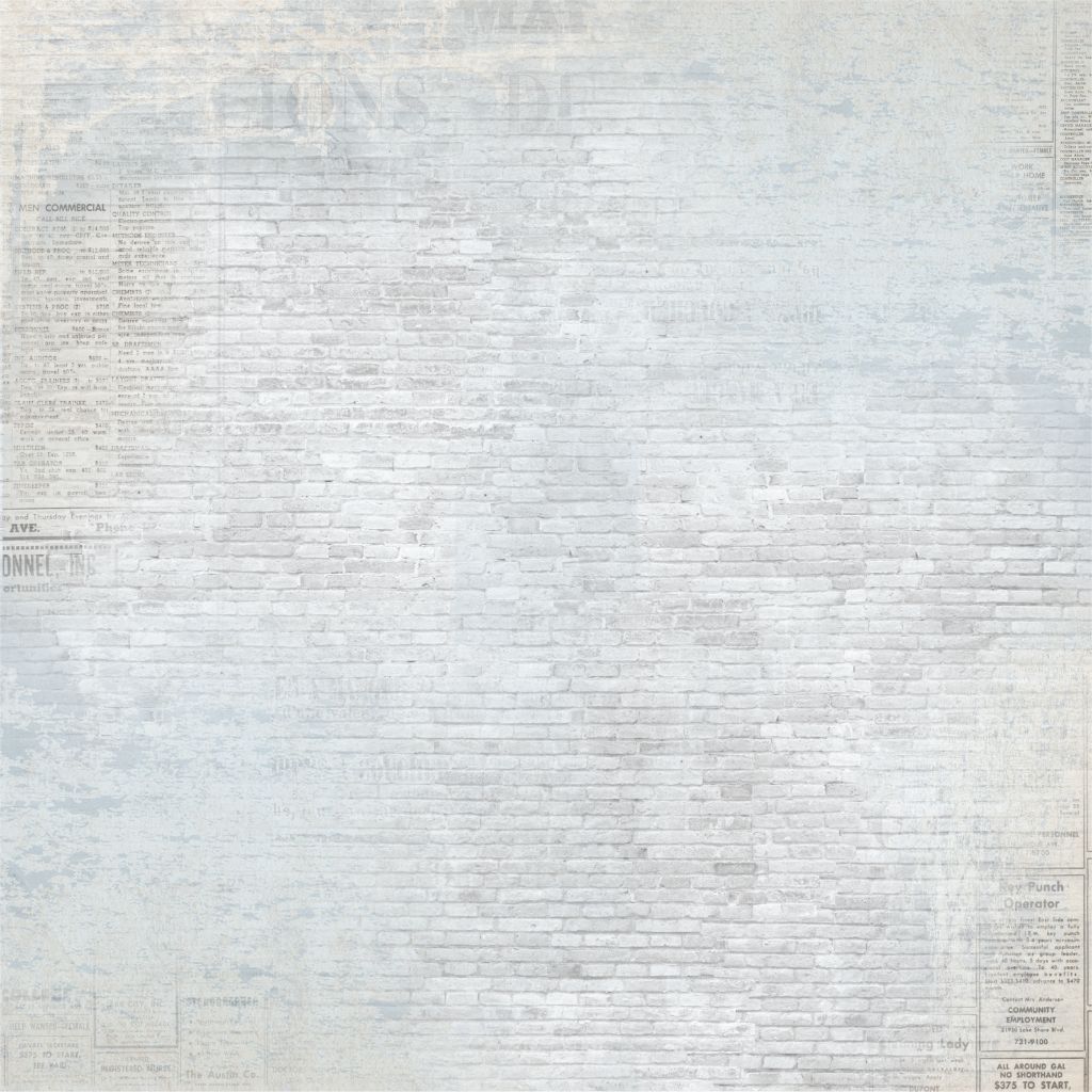 Reverse side of Wild Daisy 12x12 paper with distressed white brick texture and subtle vintage newspaper print background 