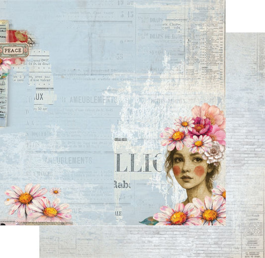 Wild Daisy 12x12 double-sided scrapbook paper featuring vintage French portrait with pink daisy crown and distressed text from Uniquely Creative Dressed in Daydreams collection