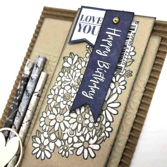 Vintage-style birthday card with gold pearl accents, white daisies and a navy Happy Birthday banner