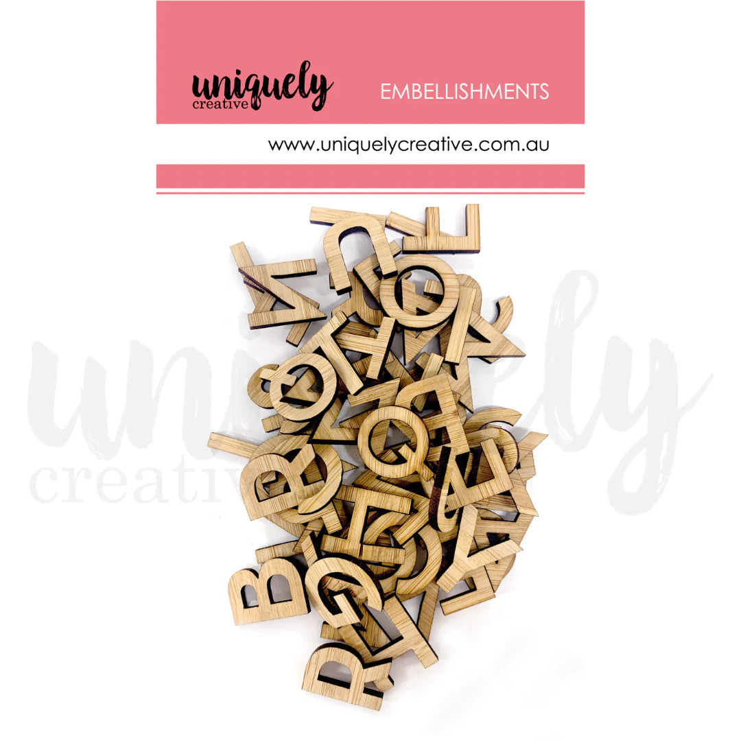 Uniquely Creative laser-cut wooden alphabet letter embellishments with natural wood grain finish, flat-back pieces approx. 20mm, for card making and scrapbooking