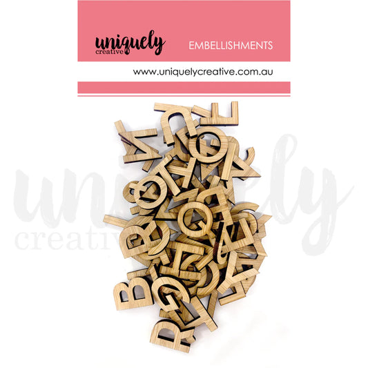 Uniquely Creative laser-cut wooden alphabet letter embellishments with natural wood grain finish, flat-back pieces approx. 20mm, for card making and scrapbooking