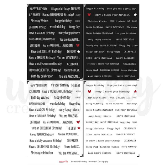 Uniquely Creative Essential Birthday Sentiments cut-apart sheet showing four panels of birthday phrases with red and black accent hearts and stars 