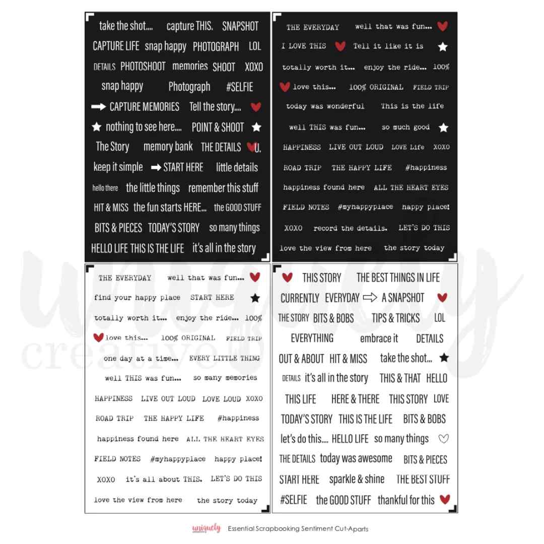 Uniquely Creative Essential Scrapbooking Sentiments cut-apart sheet showing four panels of black-and-white phrases with red and black accent shapes