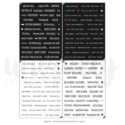 Uniquely Creative Essential Scrapbooking Sentiments cut-apart sheet showing four panels of black-and-white phrases with red and black accent shapes